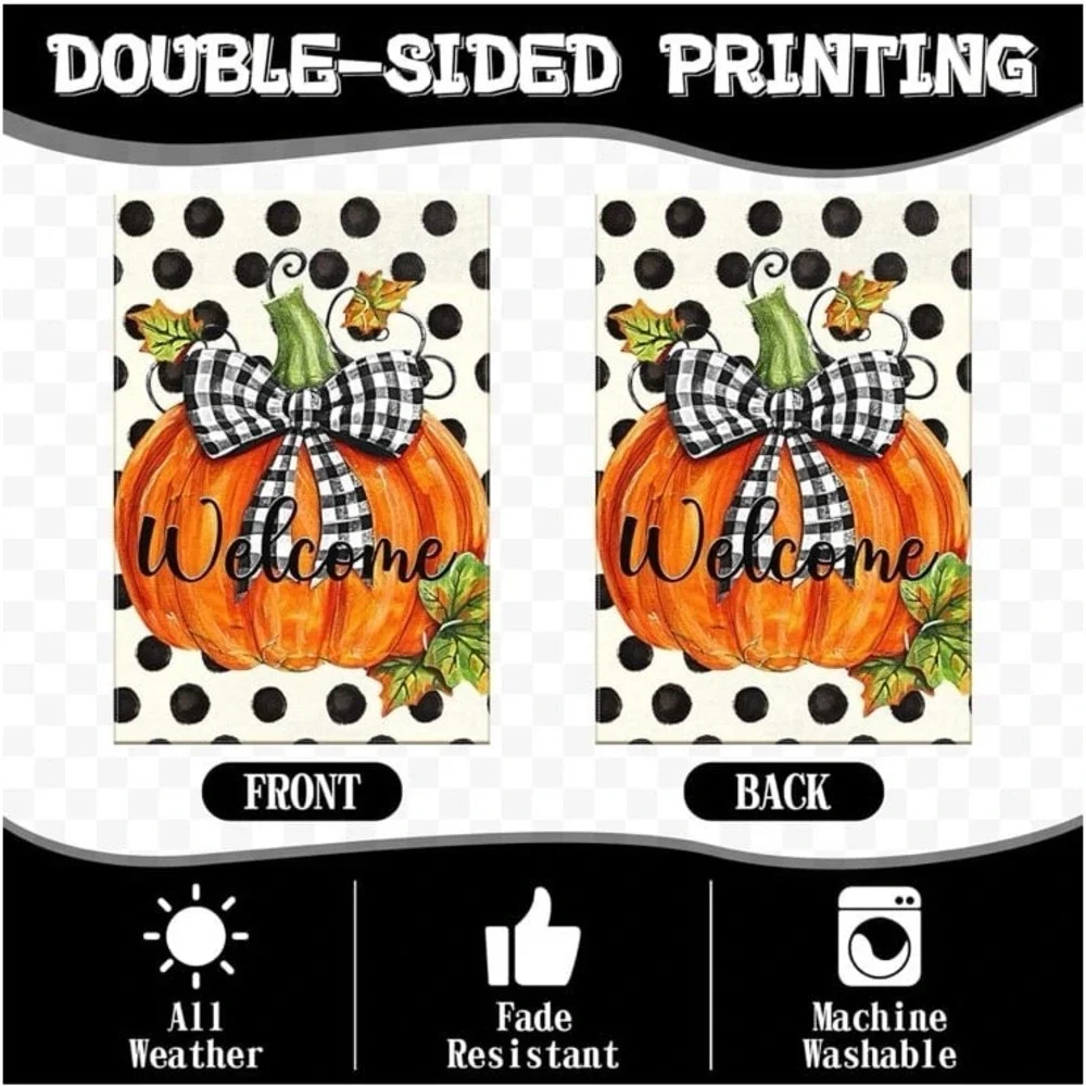 NEW Fall burlap garden flag with pumpkins & black/cream polka dots
